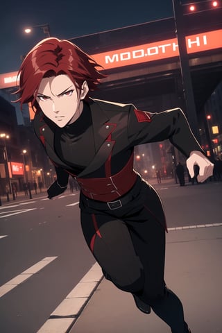 (Masterpiece, Best Quality), (A Skillful 25-Year-Old Japanese Male Secret Agent), (Wavy Short Crimson Hair:1.4), (Pale Skin), (Dark Brown Eyes), (Wearing Black and Red Sleek Tactical Outfit:1.4), (Modern City Road at Night:1.4), (Dynamic Pose:1.2), Centered, (Half Body Shot:1.4), (From Front Shot:1.4), Insane Details, Intricate Face Detail, Intricate Hand Details, Cinematic Shot and Lighting, Realistic and Vibrant Colors, Sharp Focus, Ultra Detailed, Realistic Images, Depth of Field, Incredibly Realistic Environment and Scene, Master Composition and Cinematography, castlevania style,castlevania style