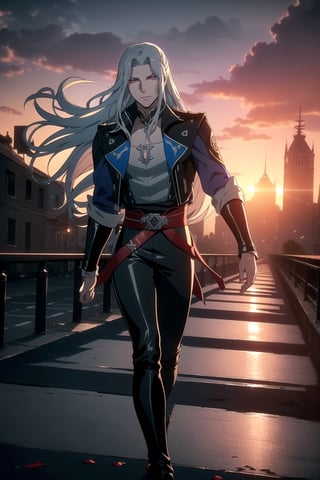(One Person), (A Handsome 25-Years-old British Male Werewolf Swordsman), (Long Flowing Silver Hair:1.4), (Pale Skin:1.2), (Dark Red Eyes), (Wearing Blue Leather Long Jacket and Black Long Pants:1.4), (City Road at Evening with Sunset:1.6), (Dynamic Pose:1.4), Centered, (Waist-up Shot:1.4), From Front Shot, Insane Details, Intricate Face Detail, Intricate Hand Details, Cinematic Shot and Lighting, Realistic and Vibrant Colors, Masterpiece, Sharp Focus, Ultra Detailed, Taken with DSLR camera, Realistic Photography, Depth of Field, Incredibly Realistic Environment and Scene, Master Composition and Cinematography, neuvillette, castlevania style