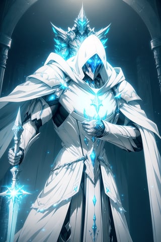 (Masterpiece, Best Quality), (Battle Priest in Warframe Style Armor), (Masculine Appearance:1.4), (Muscular Frame Build:1.2), (Glowing Blue Eyes), (Wearing White and Blue Templar-Themed Armored Robe, White Hood, and White Flowing Cloak:1.4), (Wielding a Silver Mace:1.4) (Cathedral Hall at Night:1.4), (Action Pose:1.4), Centered, (Half Body Shot:1.4), (From Front Shot:1.2), Insane Details, Intricate Face Detail, Intricate Hand Details, Cinematic Shot and Lighting, Realistic and Vibrant Colors, Sharp Focus, Ultra Detailed, Realistic Images, Depth of Field, Incredibly Realistic Environment and Scene, Master Composition and Cinematography, castlevania style,castlevania style,WARFRAME