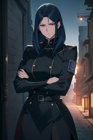 (Masterpiece, Best Quality), (A Stern 25-Year-Old Japanese Female Secret Agent), (Shoulder-length Navy Blue Hair:1.2), (Pale Skin), (Brown Eyes), (Wearing Black and Blue Sleek Tactical Outfit:1.4), (Modern City Road at Night:1.4), (Crossed Arms Pose:1.4), Centered, (Half Body Shot:1.4), (From Front Shot:1.4), Insane Details, Intricate Face Detail, Intricate Hand Details, Cinematic Shot and Lighting, Realistic and Vibrant Colors, Sharp Focus, Ultra Detailed, Realistic Images, Depth of Field, Incredibly Realistic Environment and Scene, Master Composition and Cinematography, castlevania style,castlevania style