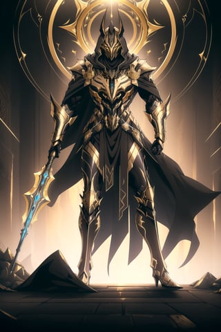 (Masterpiece, Best Quality), (Anubis Warrior in Warframe Style Armor), (Masculine Appearance:1.4), (Muscular Frame Build:1.2), (Glowing Golden Eyes), (Wearing Black and Gold Anubis-Themed Armor and Black Flowing Cloak:1.4), (Wielding a Golden Spear:1.4), (Desert Hidden Catacombs:1.2), (Action Pose:1.4), Centered, (Full Body Shot:1.4), (From Front Shot:1.2), Insane Details, Intricate Face Detail, Intricate Hand Details, Cinematic Shot and Lighting, Realistic and Vibrant Colors, Sharp Focus, Ultra Detailed, Realistic Images, Depth of Field, Incredibly Realistic Environment and Scene, Master Composition and Cinematography, castlevania style,castlevania style,WARFRAME