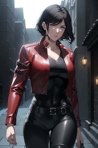 (Masterpiece, Best Quality), (A Gorgeous 25-Year-Old British Female Mercenary), (Wavy Bobcut Black Hair:1.4), (Pale Skin:1.2), (Blue Eyes), (Wearing Red Leather Jacket, Black V-Neck Inner Shirt, and Black Tight Pants:1.4), (Moonlit City Buildings at Night:1.2), (Walking Pose:1.4), Centered, (Half Body Shot:1.4), (From Front Shot:1.2), Insane Details, Intricate Face Detail, Intricate Hand Details, Cinematic Shot and Lighting, Realistic and Vibrant Colors, Sharp Focus, Ultra Detailed, Realistic Images, Depth of Field, Incredibly Realistic Environment and Scene, Master Composition and Cinematography, castlevania style,castlevania style