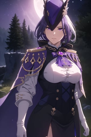 (Masterpiece, Best Quality), (Clorinde from Genshin Impact), (Long Purple Hair with Purple Musketeer Hat:1.4), (Purple Eyes:1.2), (Serious Looking:1.4), (Fair Skin), (Wearing White Shirt in Black Corset, White Gloves, Black Skirt, and Violet Short Cape:1.6), (Moonlit Pine Forest at Night:1.4), (Dynamic Pose:1.2), Centered, (Half Body Shot:1.4), (From Front Shot:1.4), Insane Details, Intricate Face Detail, Intricate Hand Details, Cinematic Shot and Lighting, Realistic and Vibrant Colors, Sharp Focus, Ultra Detailed, Realistic Images, Depth of Field, Incredibly Realistic Environment and Scene, Master Composition and Cinematography, castlevania style,castlevania style,clorinde (genshin impact)