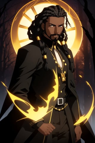 (Masterpiece, Best Quality),  (A Fierce 30-Year-Old African-American Male Shadow Mage), (Dreadlocked Black Hair with Thin Black Goatee:1.4), (Ebony Skin), (Sharp Amber Eyes:1.2), (Wearing Black and Gold Long Coat:1.4), (Dark Forest with Black Fog:1.4), Centered, (Half Body Shot:1.4), (From Front Shot:1.4), Insane Details, Intricate Face Detail, Intricate Hand Details, Cinematic Shot and Lighting, Realistic and Vibrant Colors, Sharp Focus, Ultra Detailed, Realistic Images, Depth of Field, Incredibly Realistic Environment and Scene, Master Composition and Cinematography,castlevania style