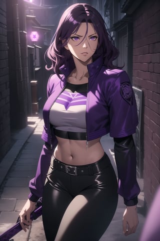 (Masterpiece, Best Quality), (A Rebel 25-Year-Old Japanese Female Resistance Leader), (Short Wavy Violet Hair:1.4), (Dark Purple Eyes:1.2), (Fair Skin:1.2), (Wearing Violet Resistance Member Jacket, Black Crop Top and Black Tight Pants:1.4), (Dystopian Rural City Alleyway at Night:1.4), (Dynamic Pose:1.2), Centered, (Half Body Shot:1.4), (From Front Shot:1.4), Insane Details, Intricate Face Detail, Intricate Hand Details, Cinematic Shot and Lighting, Realistic and Vibrant Colors, Sharp Focus, Ultra Detailed, Realistic Images, Depth of Field, Incredibly Realistic Environment and Scene, Master Composition and Cinematography,castlevania style