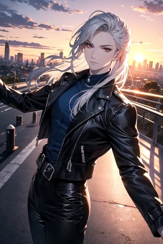 (One Person), (Ultra Realistic Image of a Handsome 25 Years Old British Male Vampire), (Long Flowing Silver Hair:1.2), (Pale Skin:1.6), (Dark Red Eyes), (Wearing Blue Leather Long Jacket and Black Long Pants:1.4), (Dynamic Pose:1.4), (City Road at Evening with Sunset:1.6), Centered, (Waist-up Shot:1.4), From Front Shot, Insane Details, Intricate Face Detail, Intricate Hand Details, Cinematic Shot and Lighting, Realistic and Vibrant Colors, Masterpiece, Sharp Focus, Ultra Detailed, Taken with DSLR camera, Realistic Photography, Depth of Field, Incredibly Realistic Environment and Scene, Master Composition and Cinematography,neuvillette