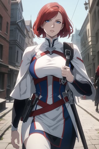 (Masterpiece, Best Quality),  (A Gorgeous 20-Year-Old British Female Vampire Slayer), (Wavy Bobcut Red Hair:1.2), (Pale Skin), (Blue Eyes), (Wearing White and Blue Tactical Assassin Outfit:1.2), (Modern City Road at Noon:1.4), (Walking Pose:1.4), Centered, (Half Body Shot:1.4), (From Front Shot:1.4), Insane Details, Intricate Face Detail, Intricate Hand Details, Cinematic Shot and Lighting, Realistic and Vibrant Colors, Sharp Focus, Ultra Detailed, Realistic Images, Depth of Field, Incredibly Realistic Environment and Scene, Master Composition and Cinematography,castlevania style