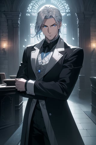 (Masterpiece, Best Quality), (A Muscular 30-Year-Old Slavic Male Vampire Warrior), (Tousled Icy Blue Hair:1.2), (Pale Skin), (Sharp Blue Eyes), (Wearing Black Formal Attire with Silver Accent:1.4), (Castle Hall at Night:1.4), (Dynamic Pose:1.2), Centered, (Half Body Shot:1.4), (From Front Shot:1.4), Insane Details, Intricate Face Detail, Intricate Hand Details, Cinematic Shot and Lighting, Realistic and Vibrant Colors, Sharp Focus, Ultra Detailed, Realistic Images, Depth of Field, Incredibly Realistic Environment and Scene, Master Composition and Cinematography,castlevania style