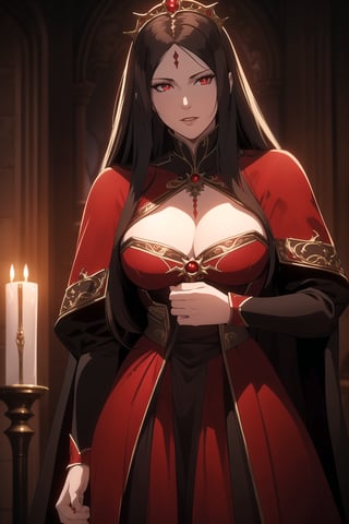 (Masterpiece, Best Quality),  (A Regal 30-Year-Old Looking Female Vampire Queen), (Flowing Ebony Hair:1.2), (Bright Red Eyes), (Pallid and Alluring Skin), (Wearing Queenly Red Vampire Gown:1.2), (Dark Castle Altar:1.2), (Standing Pose:1.4), Centered, (Half Body Shot:1.4), (From Front Shot:1.4), Insane Details, Intricate Face Detail, Intricate Hand Details, Cinematic Shot and Lighting, Realistic and Vibrant Colors, Sharp Focus, Ultra Detailed, Realistic Images, Depth of Field, Incredibly Realistic Environment and Scene, Master Composition and Cinematography,castlevania style