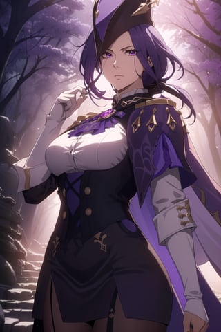 (Masterpiece, Best Quality), (Clorinde from Genshin Impact), (Long Purple Hair with Purple Musketeer Hat:1.4), (Purple Eyes:1.2), (Serious Looking:1.4), (Fair Skin), (Wearing White Shirt in Black Corset and Violet Short Cape:1.4), (Moonlit Forest at Night:1.2), (Dynamic Pose:1.2), Centered, (Half Body Shot:1.4), (From Front Shot:1.4), Insane Details, Intricate Face Detail, Intricate Hand Details, Cinematic Shot and Lighting, Realistic and Vibrant Colors, Sharp Focus, Ultra Detailed, Realistic Images, Depth of Field, Incredibly Realistic Environment and Scene, Master Composition and Cinematography, castlevania style,castlevania style,clorinde (genshin impact)