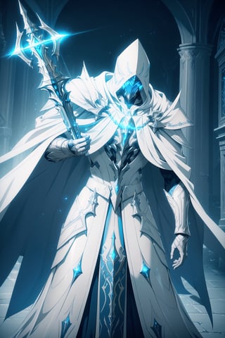 (Masterpiece, Best Quality), (Battle Priest in Warframe Style Armor), (Masculine Appearance:1.4), (Muscular Frame Build:1.2), (Glowing Blue Eyes), (Wearing White and Blue Templar-Themed Armored Robe, White Hood, and White Flowing Cloak:1.4), (Wielding a Silver Mace:1.4) (Cathedral Hall at Night:1.4), (Action Pose:1.4), Centered, (Half Body Shot:1.4), (From Front Shot:1.2), Insane Details, Intricate Face Detail, Intricate Hand Details, Cinematic Shot and Lighting, Realistic and Vibrant Colors, Sharp Focus, Ultra Detailed, Realistic Images, Depth of Field, Incredibly Realistic Environment and Scene, Master Composition and Cinematography, castlevania style,castlevania style,WARFRAME