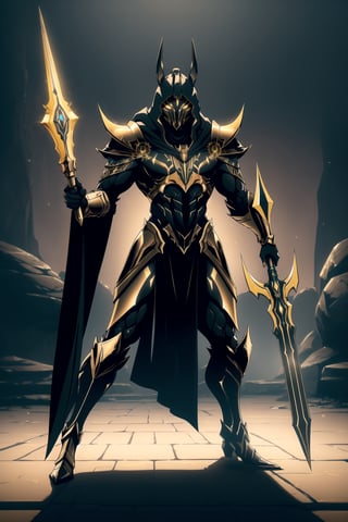 (Masterpiece, Best Quality), (Anubis Warrior in Warframe Style Armor), (Masculine Appearance:1.4), (Muscular Frame Build:1.2), (Glowing Golden Eyes), (Wearing Black and Gold Anubis-Themed Armor and Black Flowing Cloak:1.4), (Wielding a Golden Spear:1.4), (Desert Hidden Catacombs:1.2), (Action Pose:1.4), Centered, (Full Body Shot:1.2), (From Front Shot:1.2), Insane Details, Intricate Face Detail, Intricate Hand Details, Cinematic Shot and Lighting, Realistic and Vibrant Colors, Sharp Focus, Ultra Detailed, Realistic Images, Depth of Field, Incredibly Realistic Environment and Scene, Master Composition and Cinematography, castlevania style,castlevania style,WARFRAME