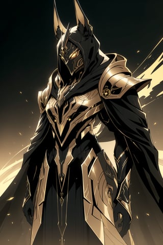 (Masterpiece, Best Quality), (Anubis Warrior in Warframe Style Armor), (Glowing Golden Eyes), (Wearing Black and Gold Anubis-Themed Armor and Black Flowing Cloak:1.4), (Barren Desert at Noon:1.2), (Dynamic Pose:1.4), Centered, (Half Body Shot:1.4), (From Front Shot:1.2), Insane Details, Intricate Face Detail, Intricate Hand Details, Cinematic Shot and Lighting, Realistic and Vibrant Colors, Sharp Focus, Ultra Detailed, Realistic Images, Depth of Field, Incredibly Realistic Environment and Scene, Master Composition and Cinematography, castlevania style,castlevania style,WARFRAME