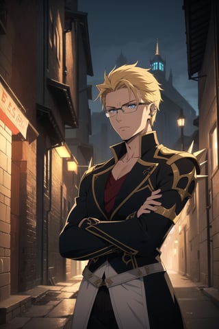 (Masterpiece, Best Quality),  (A Youthful 23-Year-Old European Male Demon Slayer), (Spiky Short Blonde Hair), (Piercing Blue Eyes with Glasses), (Fair Skin), (Clad in White Tactical Modern Demon Hunter Attire), (Urban Alley at Night:1.4), (Crossed Arms Pose:1.4), Centered, (Half Body Shot:1.4), (From Front Shot:1.4), Insane Details, Intricate Face Detail, Intricate Hand Details, Cinematic Shot and Lighting, Realistic and Vibrant Colors, Sharp Focus, Ultra Detailed, Realistic Images, Depth of Field, Incredibly Realistic Environment and Scene, Master Composition and Cinematography,castlevania style