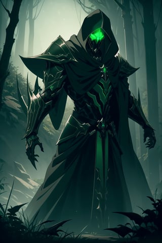 (Masterpiece, Best Quality), (Grim Reaper in Warframe Style Armor), (Masculine Appearance:1.4), (Muscular Frame Build:1.2), (Glowing Green Eyes), (Wearing Green and Black Grim Reaper-Themed Armored Robe, Black Hood, and Black Flowing Cloak:1.4), (Foggy Forest at Night:1.4), (Action Pose:1.4), Centered, (Half Body Shot:1.4), (From Front Shot:1.2), Insane Details, Intricate Face Detail, Intricate Hand Details, Cinematic Shot and Lighting, Realistic and Vibrant Colors, Sharp Focus, Ultra Detailed, Realistic Images, Depth of Field, Incredibly Realistic Environment and Scene, Master Composition and Cinematography, castlevania style,castlevania style,WARFRAME