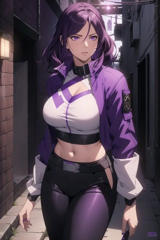 (Masterpiece, Best Quality), (A Rebel 25-Year-Old Japanese Female Resistance Leader), (Short Wavy Violet Hair:1.4), (Dark Purple Eyes:1.2), (Fair Skin:1.2), (Wearing Violet Resistance Member Jacket, Black Crop Top and Black Tight Pants:1.4), (Dystopian Rural City Alleyway at Night:1.4), (Dynamic Pose:1.2), Centered, (Half Body Shot:1.4), (From Front Shot:1.4), Insane Details, Intricate Face Detail, Intricate Hand Details, Cinematic Shot and Lighting, Realistic and Vibrant Colors, Sharp Focus, Ultra Detailed, Realistic Images, Depth of Field, Incredibly Realistic Environment and Scene, Master Composition and Cinematography,castlevania style