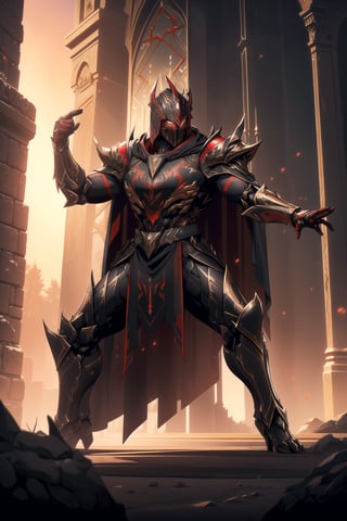 (Masterpiece, Best Quality), (Spartan Warrior in Warframe Style Armor), (Masculine Appearance:1.4), (Muscular Frame Build:1.2), (Glowing Golden Eyes), (Wearing Red and Black Spartan-Themed Armor and Black Flowing Cloak:1.4), (Colloseum Arena at Noon:1.2), (Action Pose:1.4), Centered, (Half Body Shot:1.4), (From Front Shot:1.2), Insane Details, Intricate Face Detail, Intricate Hand Details, Cinematic Shot and Lighting, Realistic and Vibrant Colors, Sharp Focus, Ultra Detailed, Realistic Images, Depth of Field, Incredibly Realistic Environment and Scene, Master Composition and Cinematography, castlevania style,castlevania style,WARFRAME
