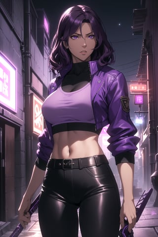 (Masterpiece, Best Quality), (A Rebel 25-Year-Old Japanese Female Resistance Leader), (Short Wavy Violet Hair:1.4), (Dark Purple Eyes:1.2), (Fair Skin:1.2), (Wearing Violet Resistance Member Jacket, Black Crop Top and Black Tight Pants:1.4), (Dystopian Rural City Alleyway at Night:1.4), (Dynamic Pose:1.2), Centered, (Half Body Shot:1.4), (From Front Shot:1.4), Insane Details, Intricate Face Detail, Intricate Hand Details, Cinematic Shot and Lighting, Realistic and Vibrant Colors, Sharp Focus, Ultra Detailed, Realistic Images, Depth of Field, Incredibly Realistic Environment and Scene, Master Composition and Cinematography,castlevania style
