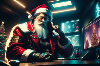 (One Person:1.6), Cyberpunk Santa Claus Sitting in His High-tech House, (Cyberpunk Atmosphere:1.4), (A Christmast Tree and Hall Full of Monitors Inside his House), Insane Details, Intricate Face Detail, Intricate Hand Details, Cinematic Shot and Lighting, Realistic Colors, Masterpiece, Sharp Focus, Highly Detailed, Taken with Polaroid Camera, Realistic Photography, Depth of Field, Incredibly Realistic Environment and Scene, Master Composition and Cinematography, Santa Claus,C7b3rp0nkStyle
