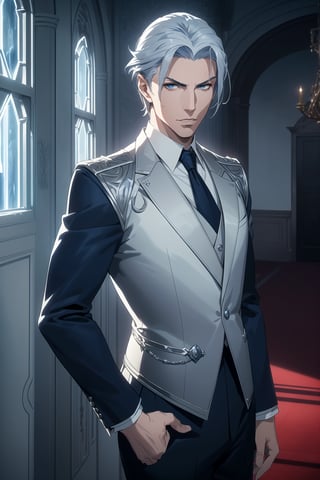 (Masterpiece, Best Quality), (A Strong 30-Year-Old Male Vampire Warrior), (Icy Blue Tousled Hair:1.4), (Sharp Silver Eyes), (Fair Skin), (Wearing Navy Blue Formal Attire with Silvery Accent:1.4), (Castle Hall at Night:1.4), (One Hand on Hips Pose:1.4), Centered, (Half Body Shot:1.6), (From Front Shot:1.4), Insane Details, Intricate Face Detail, Intricate Hand Details, Cinematic Shot and Lighting, Realistic and Vibrant Colors, Sharp Focus, Ultra Detailed, Realistic Images, Depth of Field, Incredibly Realistic Environment and Scene, Master Composition and Cinematography,castlevania style