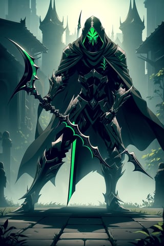 (Masterpiece, Best Quality), (Grim Reaper in Warframe Style Armor), (Masculine Appearance:1.4), (Muscular Frame Build:1.2), (Glowing Green Eyes), (Wearing Black and Green Grim Reaper-Themed Armor and Black Flowing Cloak:1.4), (Wielding a Black Scythe:1.4), (Foggy Cemetery at Night:1.2), (Action Pose:1.4), Centered, (Full Body Shot:1.2), (From Front Shot:1.2), Insane Details, Intricate Face Detail, Intricate Hand Details, Cinematic Shot and Lighting, Realistic and Vibrant Colors, Sharp Focus, Ultra Detailed, Realistic Images, Depth of Field, Incredibly Realistic Environment and Scene, Master Composition and Cinematography, castlevania style,castlevania style,WARFRAME