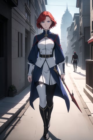 (Masterpiece, Best Quality),  (A Gorgeous 20-Year-Old British Female Vampire Slayer), (Wavy Bobcut Red Hair:1.2), (Pale Skin), (Blue Eyes), (Wearing White and Blue Tactical Assassin Outfit:1.2), (Modern City Road at Noon:1.4), (Walking Pose:1.4), Centered, (Half Body Shot:1.4), (From Front Shot:1.4), Insane Details, Intricate Face Detail, Intricate Hand Details, Cinematic Shot and Lighting, Realistic and Vibrant Colors, Sharp Focus, Ultra Detailed, Realistic Images, Depth of Field, Incredibly Realistic Environment and Scene, Master Composition and Cinematography,castlevania style