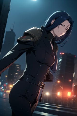 (Masterpiece, Best Quality), (A Stern 25-Year-Old Japanese Female Secret Agent), (Shoulder-length Navy Blue Hair:1.4), (Pale Skin), (Dark Brown Eyes), (Wearing Black and Blue Sleek Tactical Outfit:1.4), (Modern City Road at Night:1.4), (Dynamic Pose:1.2), Centered, (Half Body Shot:1.4), (From Front Shot:1.4), Insane Details, Intricate Face Detail, Intricate Hand Details, Cinematic Shot and Lighting, Realistic and Vibrant Colors, Sharp Focus, Ultra Detailed, Realistic Images, Depth of Field, Incredibly Realistic Environment and Scene, Master Composition and Cinematography, castlevania style,castlevania style