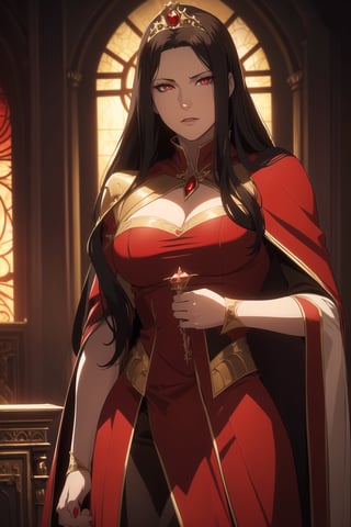 (Masterpiece, Best Quality),  (A Regal 30-Year-Old Looking Female Vampire Queen), (Flowing Ebony Hair:1.2), (Bright Red Eyes), (Pallid and Alluring Skin), (Wearing Queenly Red Vampire Gown:1.2), (Dark Castle Altar:1.2), (Standing Pose:1.4), Centered, (Half Body Shot:1.4), (From Front Shot:1.4), Insane Details, Intricate Face Detail, Intricate Hand Details, Cinematic Shot and Lighting, Realistic and Vibrant Colors, Sharp Focus, Ultra Detailed, Realistic Images, Depth of Field, Incredibly Realistic Environment and Scene, Master Composition and Cinematography,castlevania style