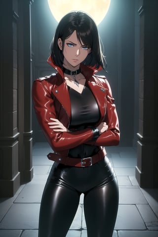 (Masterpiece, Best Quality),  (A Gorgeous 25-Year-Old British Female Mercenary), (Wavy Bobcut Black Hair), (Pale Skin), (Sapphire Blue Eyes), (Wearing Red Leather Jacket, Black V-Neck Undershirt, and Black Tight Pants:1.4), (Moonlit City Road:1.2), (Crossed Arms Pose:1.4), Centered, (Half Body Shot:1.4), (From Front Shot:1.4), Insane Details, Intricate Face Detail, Intricate Hand Details, Cinematic Shot and Lighting, Realistic and Vibrant Colors, Sharp Focus, Ultra Detailed, Realistic Images, Depth of Field, Incredibly Realistic Environment and Scene, Master Composition and Cinematography,castlevania style