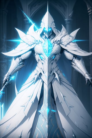 (Masterpiece, Best Quality), (Battle Priest in Warframe Style Armor), (Masculine Appearance:1.4), (Muscular Frame Build:1.2), (Glowing Blue Eyes), (Wearing White and Blue Templar-Themed Armored Robe, White Hood, and White Flowing Cloak:1.4), (Wielding a Silver Mace:1.4) (Cathedral Hall at Night:1.4), (Action Pose:1.4), Centered, (Half Body Shot:1.4), (From Front Shot:1.2), Insane Details, Intricate Face Detail, Intricate Hand Details, Cinematic Shot and Lighting, Realistic and Vibrant Colors, Sharp Focus, Ultra Detailed, Realistic Images, Depth of Field, Incredibly Realistic Environment and Scene, Master Composition and Cinematography, castlevania style,castlevania style,WARFRAME