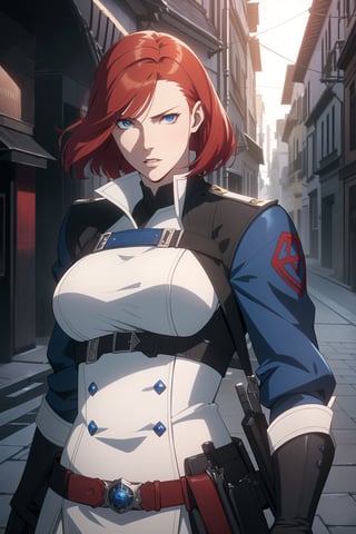 (Masterpiece, Best Quality), (A Gorgeous 20-Year-Old British Female Vampire Slayer), (Wavy Bobcut Red Hair:1.2), (Pale Skin), (Blue Eyes), (Wearing White and Blue Tactical Assassin Outfit:1.4), (Modern City Road at Noon:1.4), (Standing Pose:1.4), Centered, (Half Body Shot:1.4), (From Front Shot:1.4), Insane Details, Intricate Face Detail, Intricate Hand Details, Cinematic Shot and Lighting, Realistic and Vibrant Colors, Sharp Focus, Ultra Detailed, Realistic Images, Depth of Field, Incredibly Realistic Environment and Scene, Master Composition and Cinematography, castlevania style,castlevania style