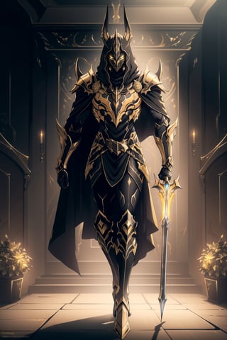 (Masterpiece, Best Quality), (Anubis Warrior in Warframe Style Armor), (Masculine Appearance:1.4), (Muscular Frame Build:1.2), (Glowing Golden Eyes), (Wearing Black and Gold Anubis-Themed Armor and Black Flowing Cloak:1.4), (Wielding a Golden Spear:1.4), (Desert Hidden Catacombs:1.2), (Action Pose:1.4), Centered, (Full Body Shot:1.2), (From Front Shot:1.2), Insane Details, Intricate Face Detail, Intricate Hand Details, Cinematic Shot and Lighting, Realistic and Vibrant Colors, Sharp Focus, Ultra Detailed, Realistic Images, Depth of Field, Incredibly Realistic Environment and Scene, Master Composition and Cinematography, castlevania style,castlevania style,WARFRAME