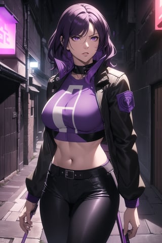 (Masterpiece, Best Quality), (A Rebel 25-Year-Old Japanese Female Resistance Leader), (Short Wavy Violet Hair:1.4), (Dark Purple Eyes:1.2), (Fair Skin:1.2), (Wearing Violet Resistance Member Jacket, Black Crop Top and Black Tight Pants:1.4), (Dystopian Rural City Alleyway at Night:1.4), (Dynamic Pose:1.2), Centered, (Half Body Shot:1.4), (From Front Shot:1.4), Insane Details, Intricate Face Detail, Intricate Hand Details, Cinematic Shot and Lighting, Realistic and Vibrant Colors, Sharp Focus, Ultra Detailed, Realistic Images, Depth of Field, Incredibly Realistic Environment and Scene, Master Composition and Cinematography,castlevania style