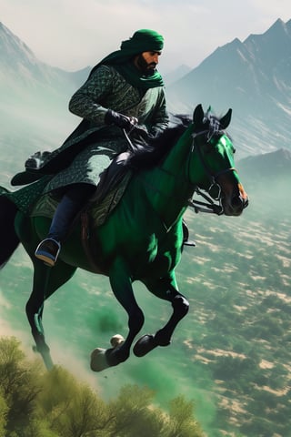 Masterpiece,wallpaper,realistic, Best Quality, (Best illustration), (Best Shade)،  War،fighting,4k,andalus outfit style,full body,unveil,riding a horse,sword in his right hand,unveil,black horse,man wearing white and green clothes,Movie Still,covering his face,looking from the top of a hill