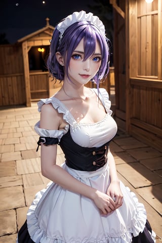 outdoors, night, forrest,1girl, Luna, medium breasts, looking at the viewer, blue eyes, purple hair, maid_costume, (masterpiece:1.2), Best quality, a high resolution, unity 8k wallpaper, (illustration:0.8), (Beautiful detailed eyes:1.6), very detailed face, athletic figure, maid