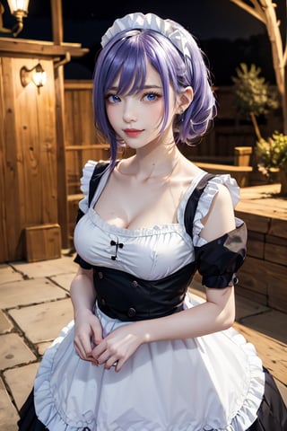 outdoors, night, forrest,1girl, Luna, medium breasts, looking at the viewer, blue eyes, purple hair, maid_costume, (masterpiece:1.2), Best quality, a high resolution, unity 8k wallpaper, (illustration:0.8), (Beautiful detailed eyes:1.6), very detailed face, athletic figure, maid