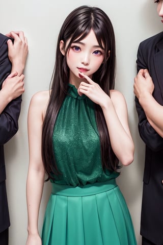 masterpiece, best quality, high definition, 
Kaori Houjou, solo, (purple eyes:1.1), (black hair:1.2), long hair, (green blouse, green knee-length skirt), (elegant, feminine, sophisticated), (cute girl), gorgeous face, gorgeous eyes, detailed face, detailed hands, smile, photorealistic, (asian face:1.2).
the girl was pinned against the wall and surrounded by three guys, harassment, harassment