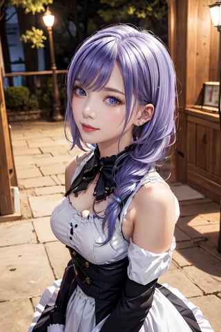 outdoors, night, forrest,1girl, Luna, medium breasts, looking at the viewer, blue eyes, purple hair, maid_costume, (masterpiece:1.2), Best quality, a high resolution, unity 8k wallpaper, (illustration:0.8), (Beautiful detailed eyes:1.6), very detailed face, athletic figure, maid