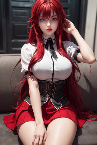 girl, long hair, (blue eyes:1.2), (voluminous red hair:1.2), masterpiece, beautiful detailed eyes, beautiful detailed lips, large breasts, rias gremory, red skirt, white shirt, black corset, (beautiful detailed long red hair:1.2), (smile:1.2), Nice legs and hot body