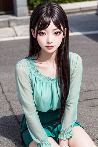 masterpiece, best quality, high definition, 
Kaori Houjou, solo, (purple eyes:1.1), (black hair:1.2), long hair, green blouse, green knee-length skirt, (elegant, feminine, sophisticated), (cute girl), gorgeous face, gorgeous eyes, detailed face, detailed hands, smile, photorealistic, (asian face:1.2)