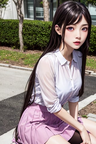 masterpiece, best quality, high definition, 
Kaori Houjou, solo, (purple eyes:1.1), (black hair:1.2), long hair, (pink fluffy blouse and knee-length skirt), (elegant, feminine, sophisticated), (cute girl), gorgeous face, gorgeous eyes, detailed face, detailed hands, angry face, photorealistic, (asian face:1.2).