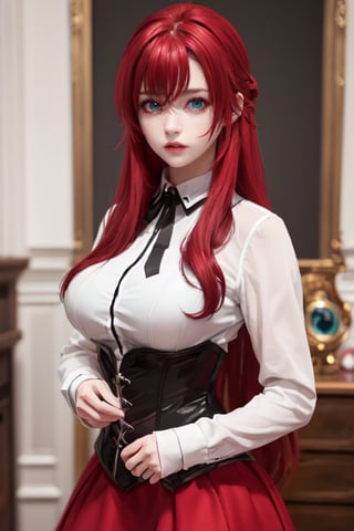 (young girl:1.2), long hair, (aqua eyes:1.2), (voluminous red hair:1.2), masterpiece, beautiful detailed eyes, beautiful detailed lips, large breasts, rias gremory, red skirt, white shirt, black corset, beautiful detailed hair