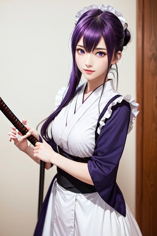 masterpiece, best quality, Busujima Saeko, high definition, solo, (purple eyes:1.3), (purple hair:1.1), (Simply Straight Pony Hair:1.2), (hime kimono1.2), (formal kimono:1.2), (tailored kimono and yukata), (elegant, feminine, sophisticated), (beautiful girl), gorgeous face, gorgeous eyes, detailed face, detailed hands, smile, photorealistic, (asian face:1.2), busujima_saeko, katana in hand, defensive stance with a sword in hand, battoujutsu, ((maid_dress))