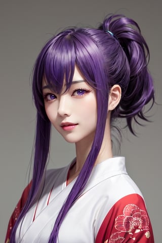 masterpiece, best quality, Busujima Saeko, high definition, solo, (purple eyes:1.3), (purple hair:1.1), (Simply Straight Pony Hair:1.2), (hime kimono1.2), (formal kimono:1.2), (tailored kimono and yukata), (elegant, feminine, sophisticated), (beautiful girl), gorgeous face, gorgeous eyes, detailed face, detailed hands, smile, photorealistic, (asian face:1.2), ,busujima_saeko