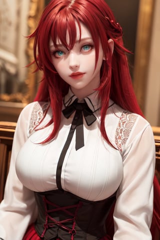 girl, long hair, (aqua eyes:1.2), (voluminous red hair:1.2), masterpiece, beautiful detailed eyes, beautiful detailed lips, large breasts, rias gremory, red skirt, white shirt, black corset, (beautiful detailed long red hair:1.2), smile