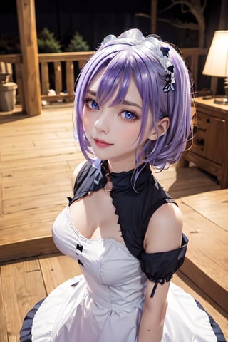 outdoors, night, forrest,1girl, Luna, medium breasts, looking at the viewer, blue eyes, purple hair, maid_costume, (masterpiece:1.2), Best quality, a high resolution, unity 8k wallpaper, (illustration:0.8), (Beautiful detailed eyes:1.6), very detailed face, athletic figure, maid