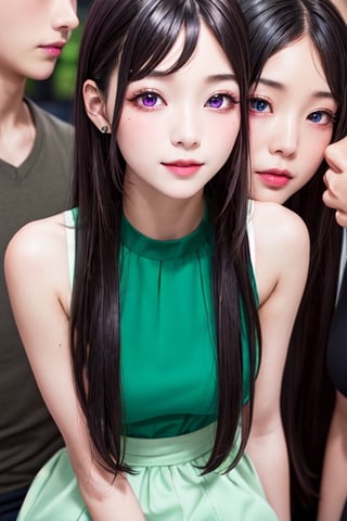 masterpiece, best quality, high definition, 
Kaori Houjou, solo, (purple eyes:1.1), (black hair:1.2), long hair, (green blouse, green knee-length skirt), (elegant, feminine, sophisticated), (cute girl), gorgeous face, gorgeous eyes, detailed face, detailed hands, smile, photorealistic, (asian face:1.2).
girl surrounded by three guys, harassment, harassment