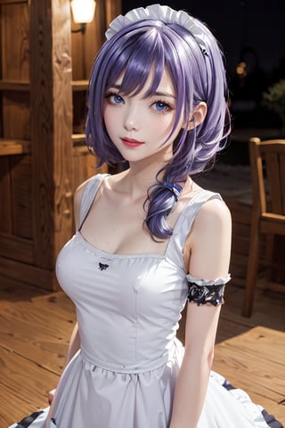 outdoors, night, forrest,1girl, Luna, medium breasts, looking at the viewer, blue eyes, purple hair, maid_costume, (masterpiece:1.2), Best quality, a high resolution, unity 8k wallpaper, (illustration:0.8), (Beautiful detailed eyes:1.6), very detailed face, athletic figure, maid