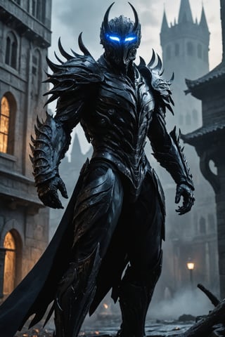 A futuristic super hero stands tall, face covered with a beautiful mask, full-body portrait in polished tree armor with intricate and black accents. Glowing blue eyes pierce through the darkness, illuminating a cityscape at dusk. Craig Mullins and H.R. Giger's character design brings forth a sense of otherworldly strength. Realistic digital painting captures every detail, from the armored suit to the subject's determined pose. Cinematic lighting highlights the hero's figure against a misty blue-gray sky against the backdrop of the fortress wall is a medieval city, as if suspended in mid-air. A 4K resolution masterpiece, this portrait embodies the essence of futuristic super heroism, (boiling black wood material)