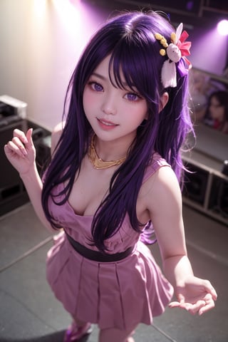 masterpiece, best quality, Hoshino Ai, (purple eyes:1.1), (purple hair:1.2), Hoshino Ai, long hair, smile, joy, music scene, singer performing on stage, dance, from above, looking at viewer, richly decorated outfit, luxurious outfit, hoshino ai,1girl